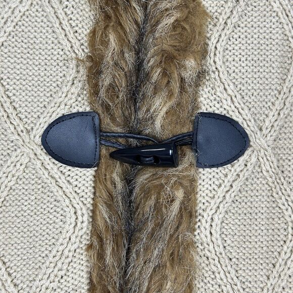 Y2K Hooded Sweater Vest Womens Small Tan Faux Fur Trim Toggle Chunky Penny Lane - Picture 4 of 11